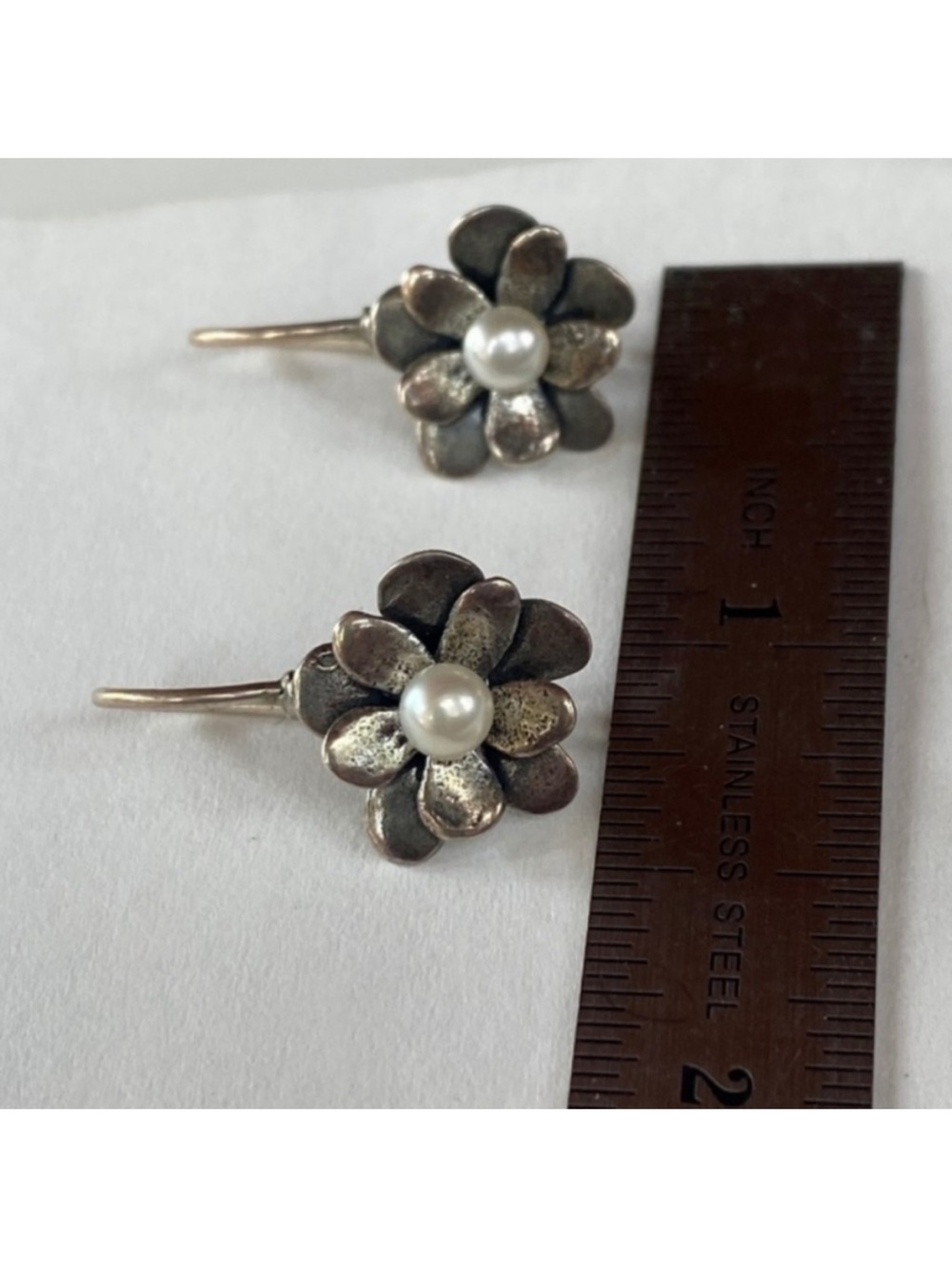Silpada Silver Flower Drop Earrings with Pearl Centers - Picture 2 of 4